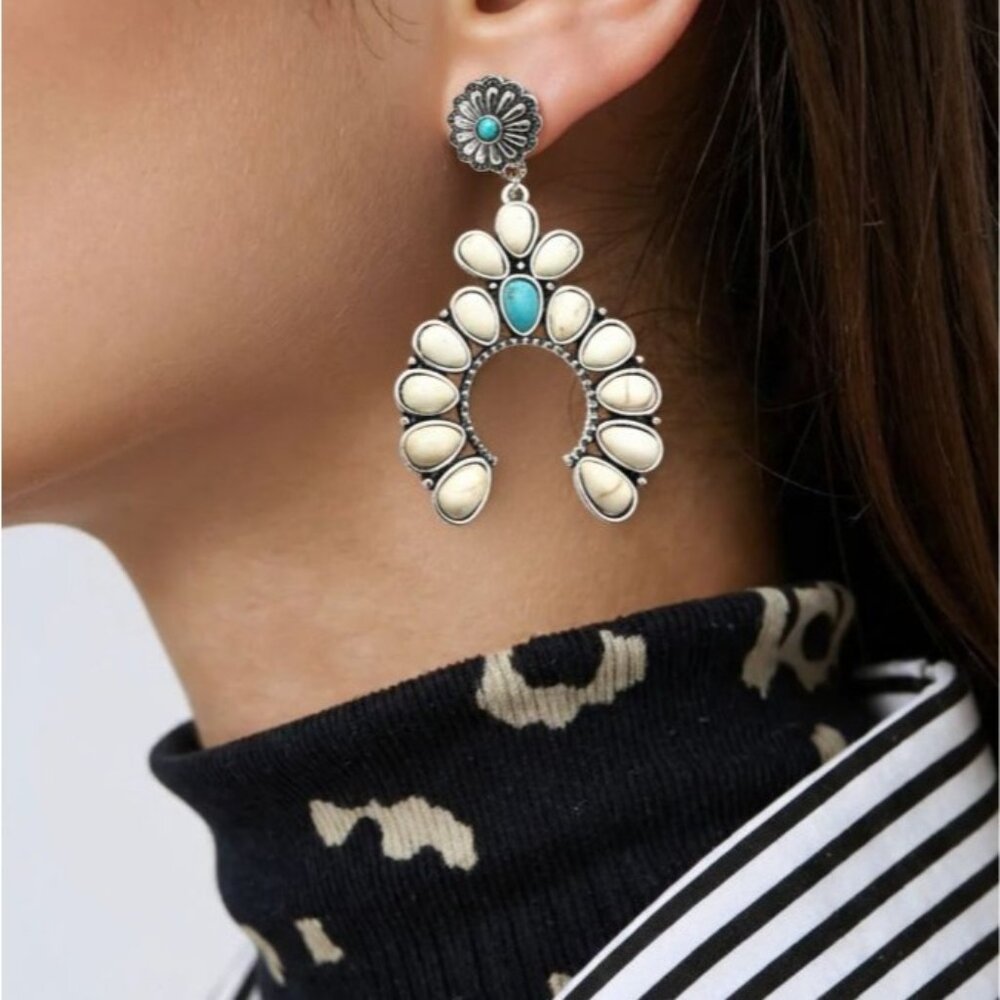 Western Style Silver Tone Naja Faux Turquoise Chandelier Pierced Earrings 2.5"